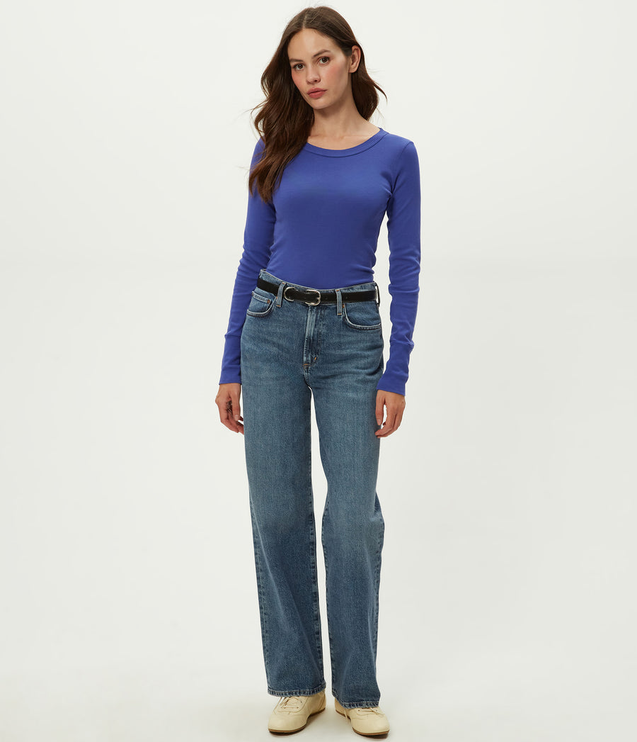 Legacy Supima Tee with Raw Edge in Lapis Blue Full Body View #LAPIS