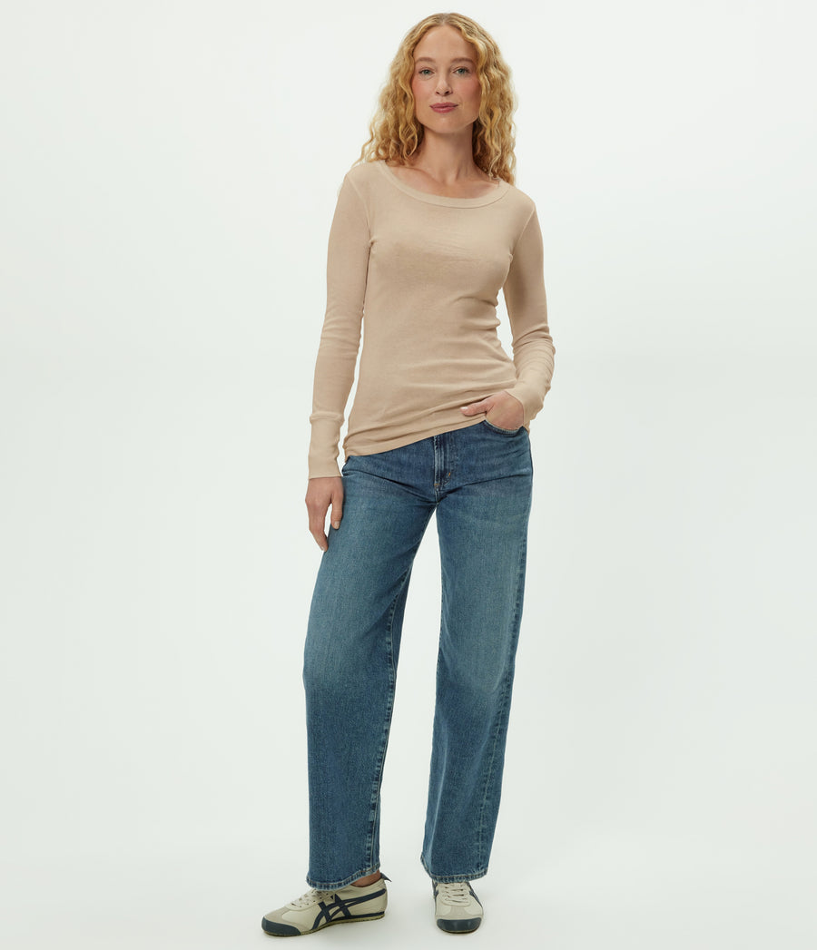 Legacy Supima Tee with Raw Edge in  MACADAMIA Beige Full Body View #MACADAMIA