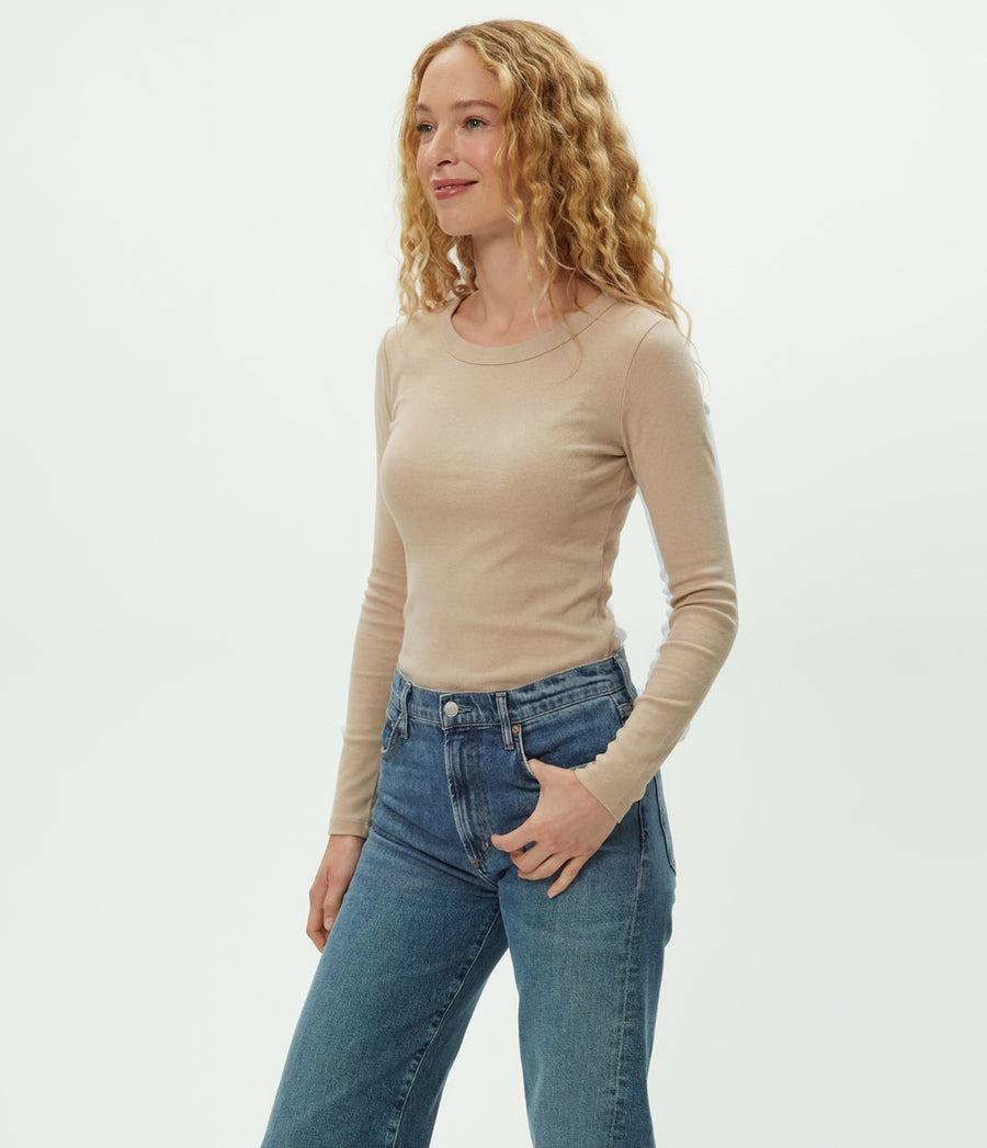 Legacy Supima Tee with Raw Edge in  MACADAMIA Beige Side View #MACADAMIA