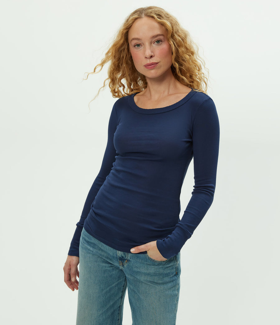 Legacy Supima Tee with Raw Edge in Nocturnal Blue Close Up View #NOCTURNAL