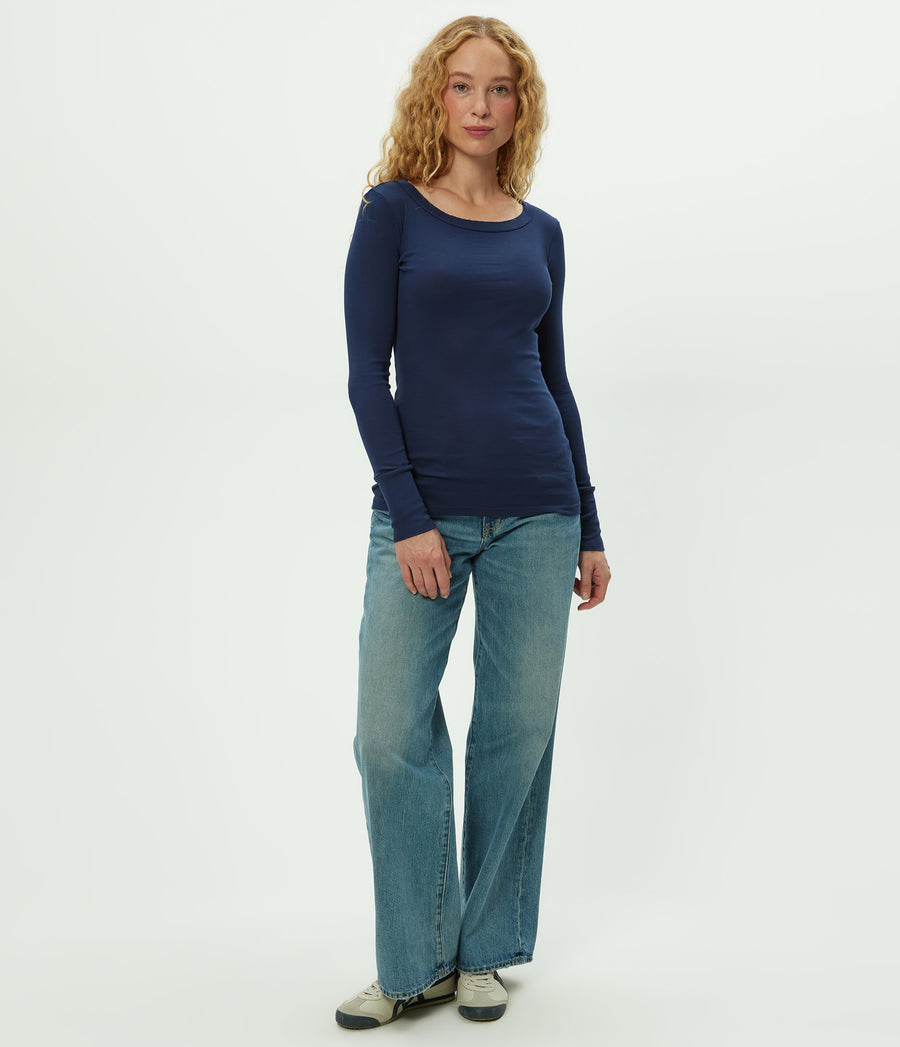 Legacy Supima Tee with Raw Edge in Nocturnal Blue Full Body View #NOCTURNAL