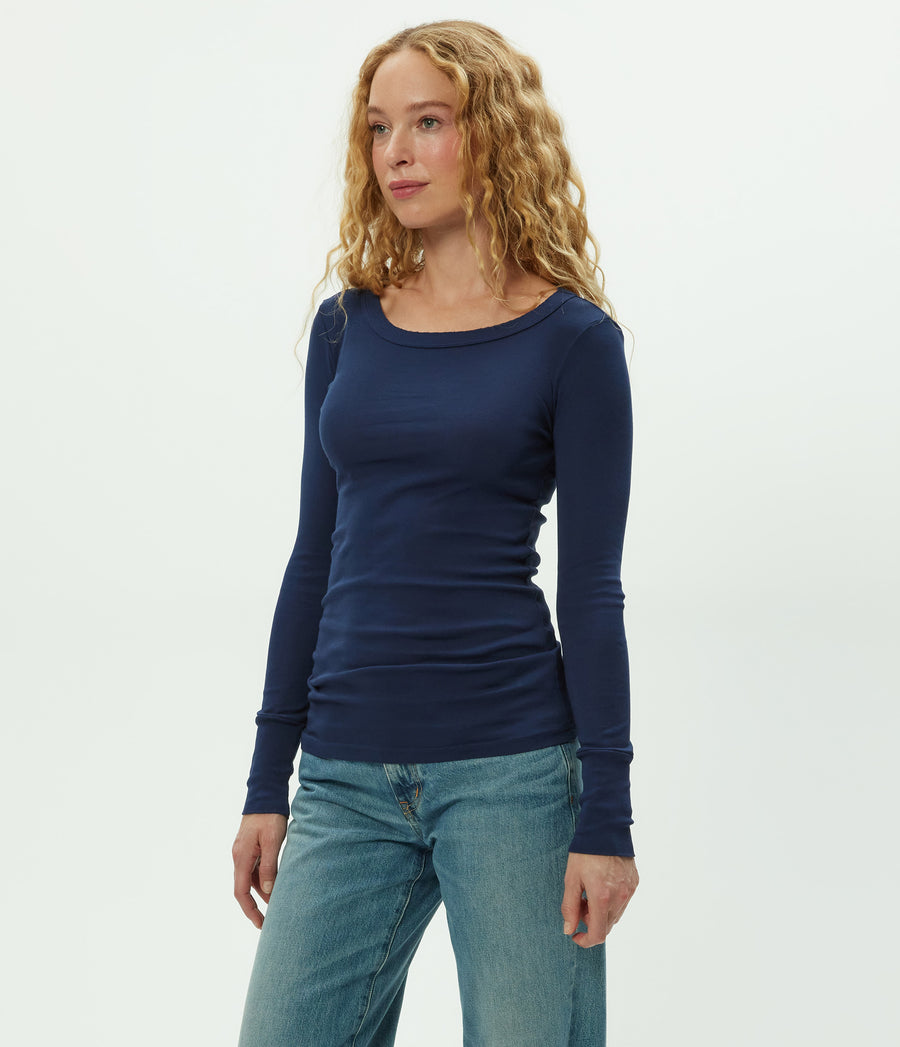 Legacy Supima Tee with Raw Edge in Nocturnal Blue Side View #NOCTURNAL