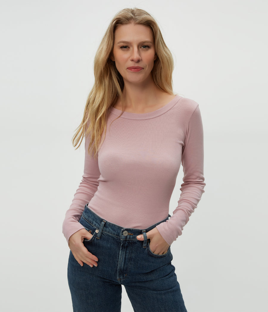 Legacy Supima Tee with Raw Edge in Sachet Pink Close Up View #SACHET