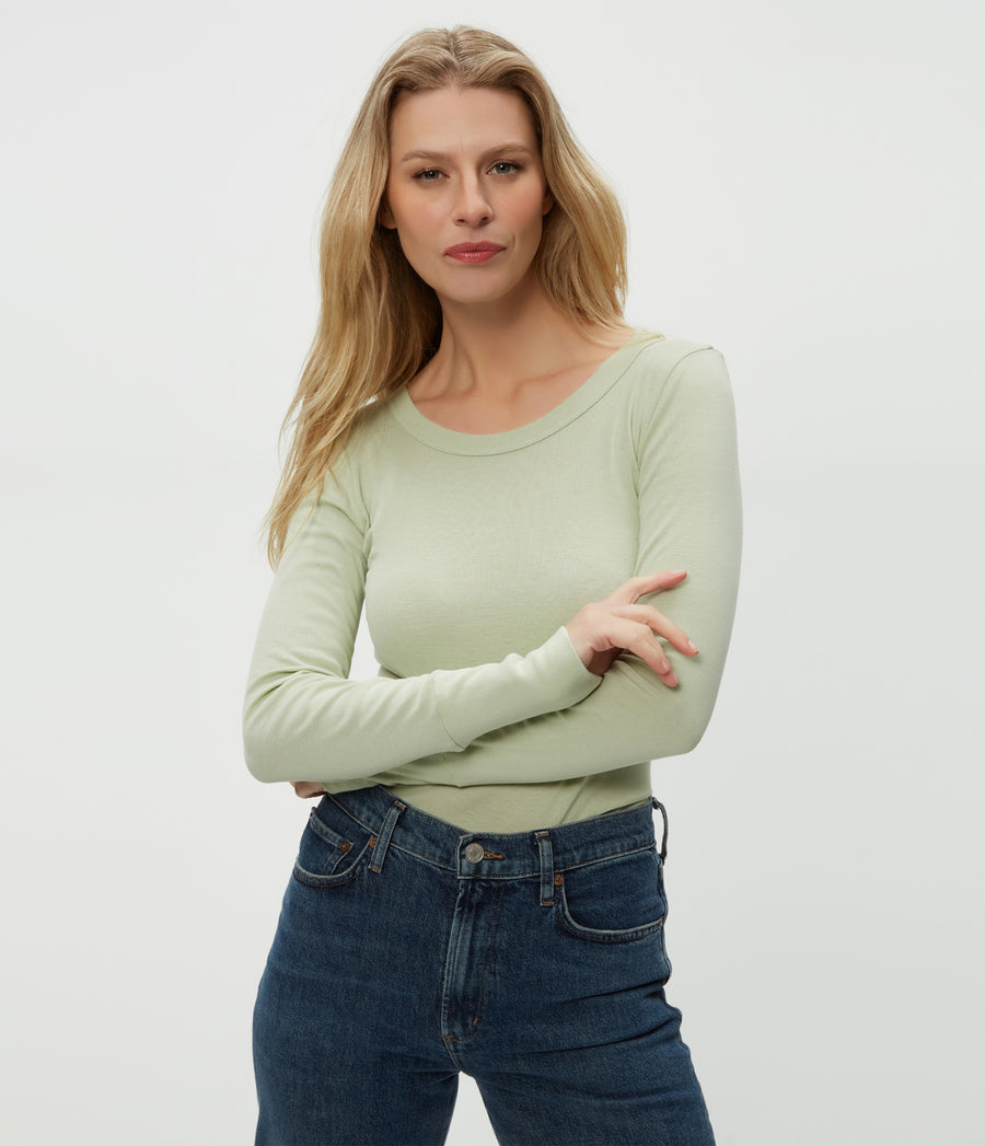Legacy Supima Tee with Raw Edge in Seacrest Green Close Up View #SEACREST