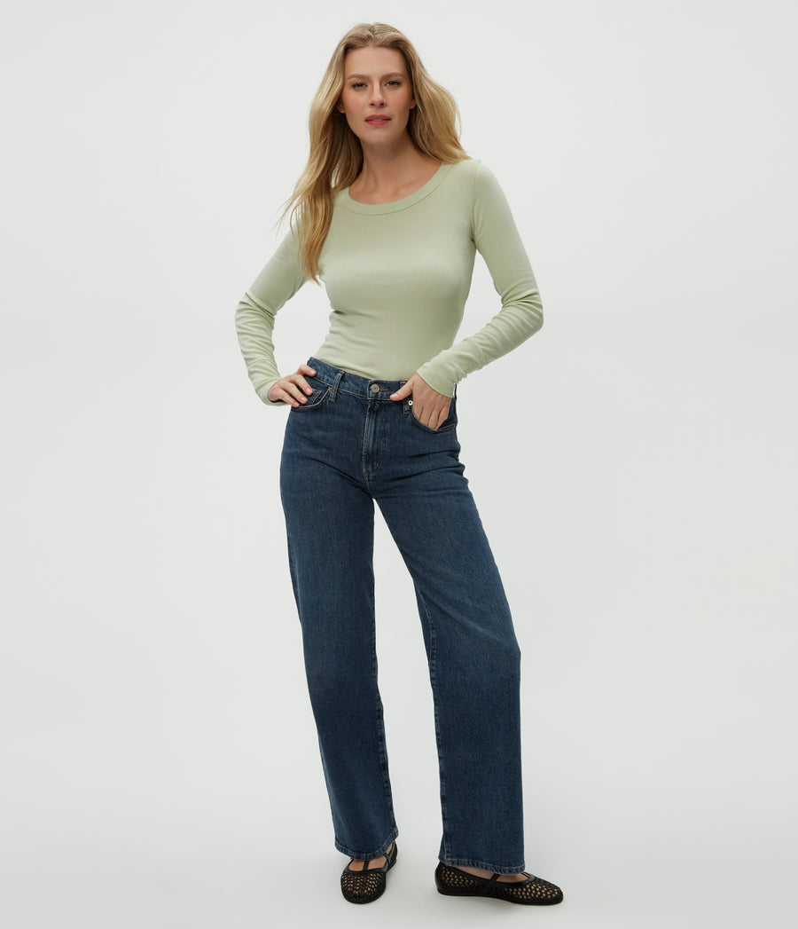 Legacy Supima Tee with Raw Edge in Seacrest Green Full Body View #SEACREST