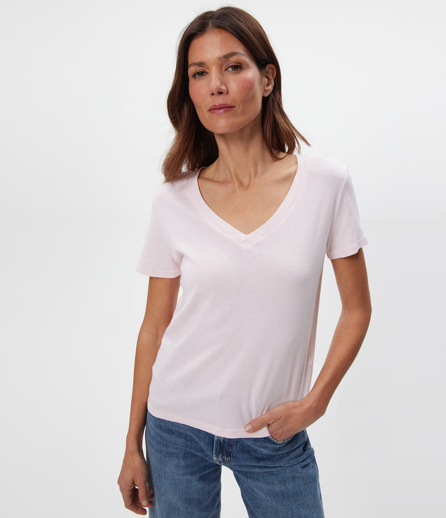 Dylan V-Neck Tee in BLUSH Pink Close up View #BLUSH