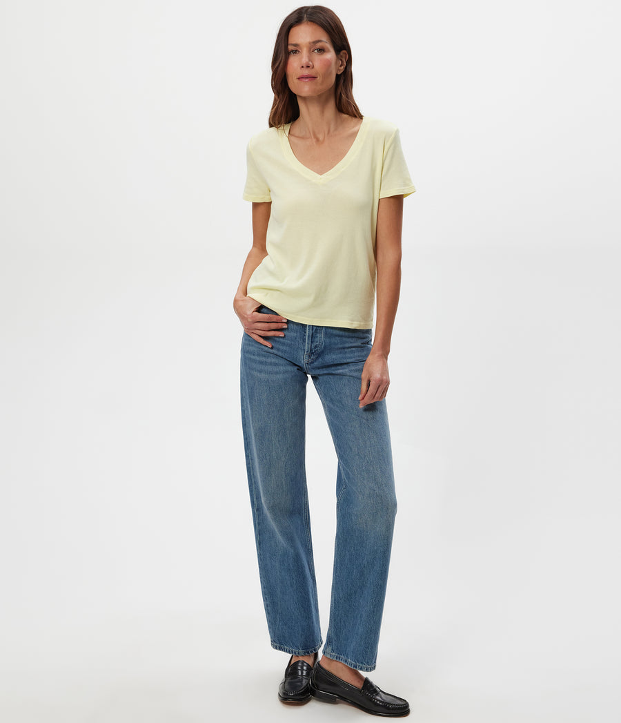 Dylan V-Neck Tee in BUTTERCUP Yellow Full Body View #BUTTERCUP