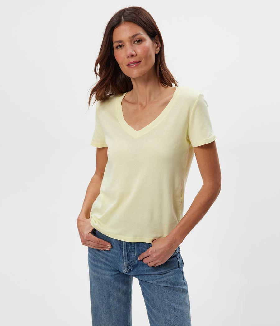 Dylan V-Neck Tee in BUTTERCUP Yellow Close Up View #BUTTERCUP