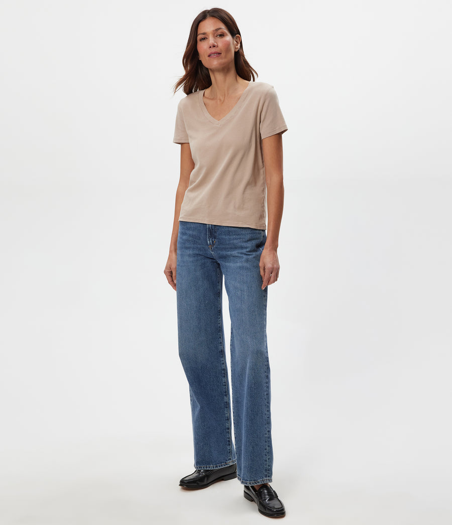 Dylan V-Neck Tee in  MACADAMIA Beige Full Body View #MACADAMIA