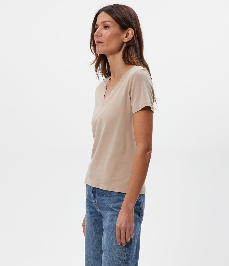 Dylan V-Neck Tee in  MACADAMIA Beige Side View #MACADAMIA