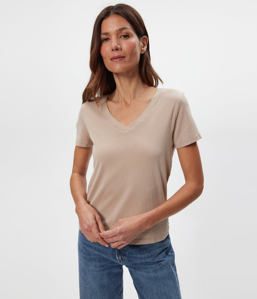 Dylan V-Neck Tee in  MACADAMIA Beige Close up View #MACADAMIA