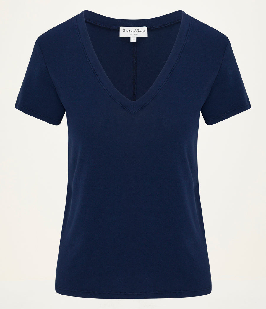 Dylan V-Neck Tee in Nocturnal Blue Close up View  #NOCTURNAL