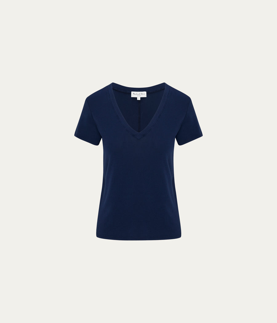 Dylan V-Neck Tee in Nocturnal Blue Close up View  #NOCTURNAL