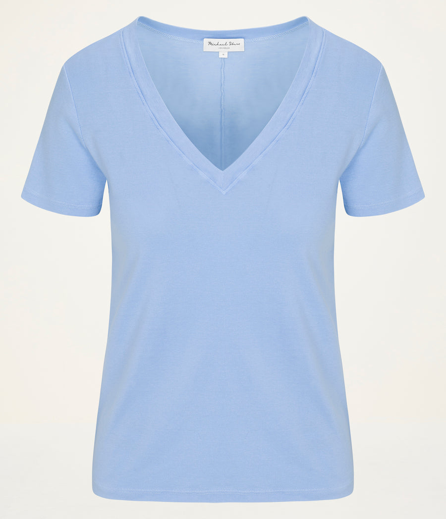 Dylan V-Neck Tee in SKY Blue Close up View #SKY