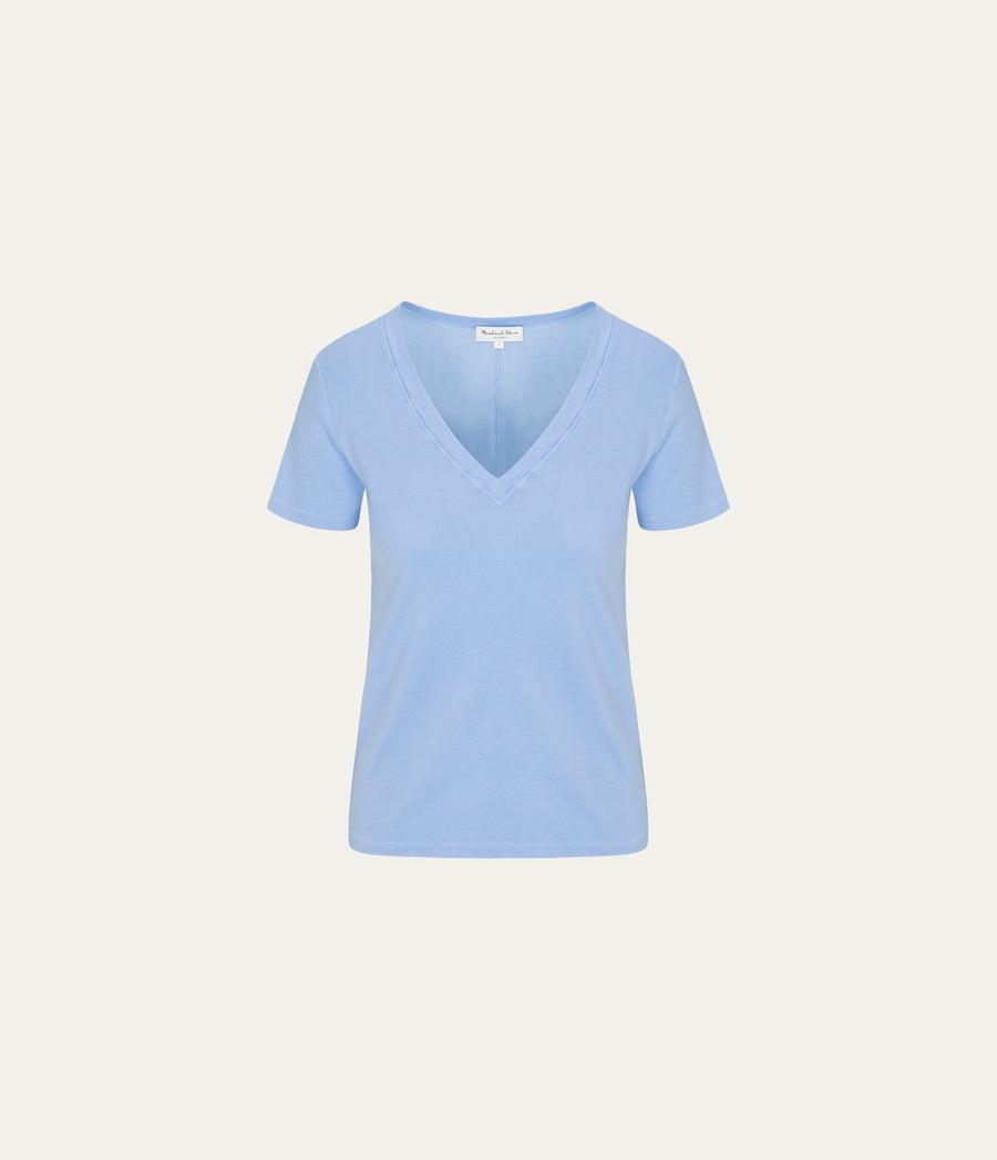Dylan V-Neck Tee in SKY Blue Close up View #SKY
