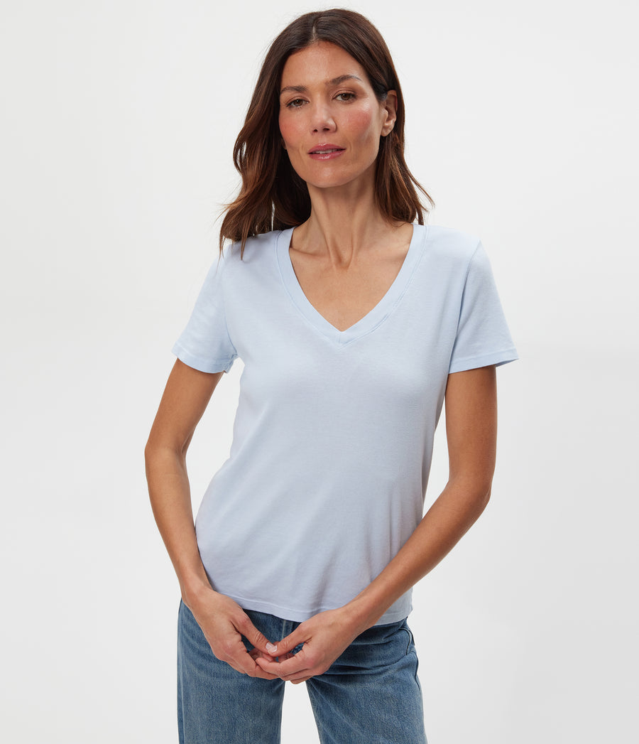 Dylan V-Neck Tee in SPLASH Blue Close up View #SPLASH