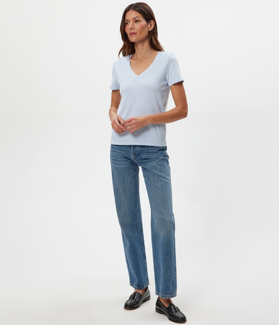 Dylan V-Neck Tee in SPLASH Blue Full Body View #SPLASH