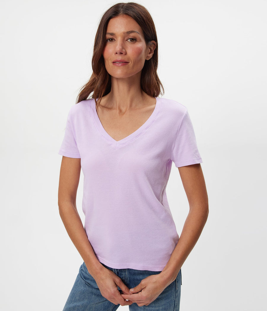 Dylan V-Neck Tee in WHIMSY PURPLE Close up View #WHIMSY