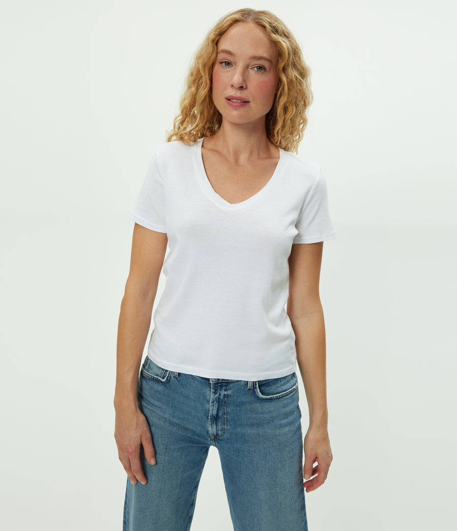 Dylan V-Neck Tee in White Close up View #WHITE