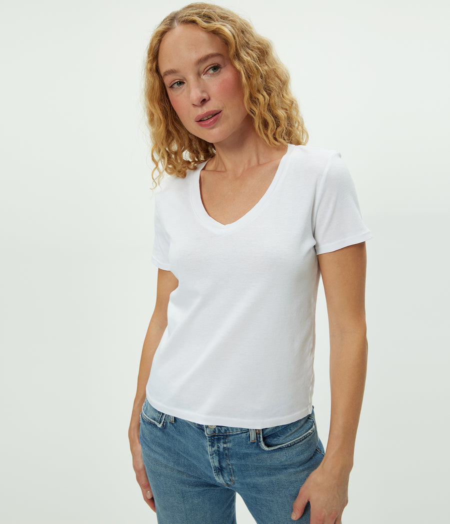 Dylan V-Neck Tee in White Full Body View #WHITE