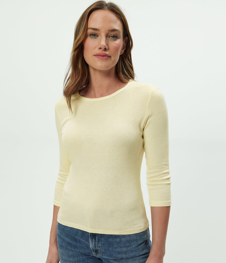 Dakota 3/4 Sleeve Tee in BUTTERCUP Yellow Close Up View #BUTTERCUP