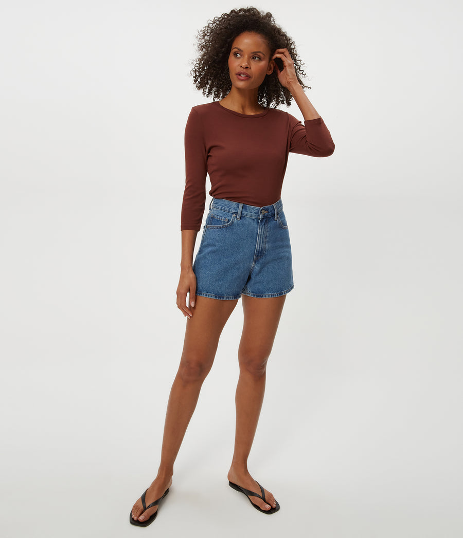 Dakota 3/4 Sleeve Tee  in ESPRESSO Brown Full Body View #ESPRESSO