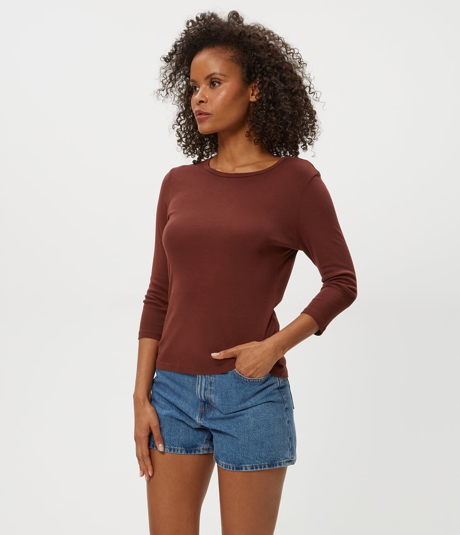 Dakota 3/4 Sleeve Tee  in ESPRESSO Brown Side View #ESPRESSO