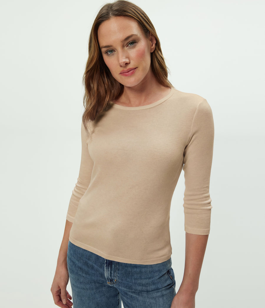Dakota 3/4 Sleeve Tee in  MACADAMIA Beige Close up View #MACADAMIA