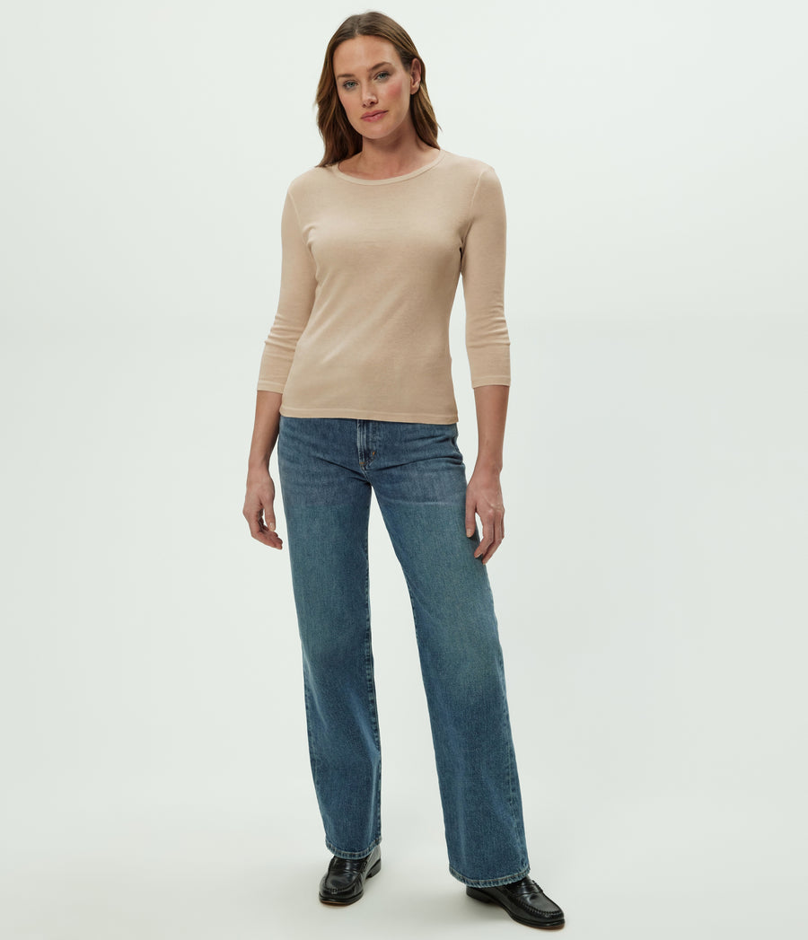 Dakota 3/4 Sleeve Tee in  MACADAMIA Beige Full Body View #MACADAMIA