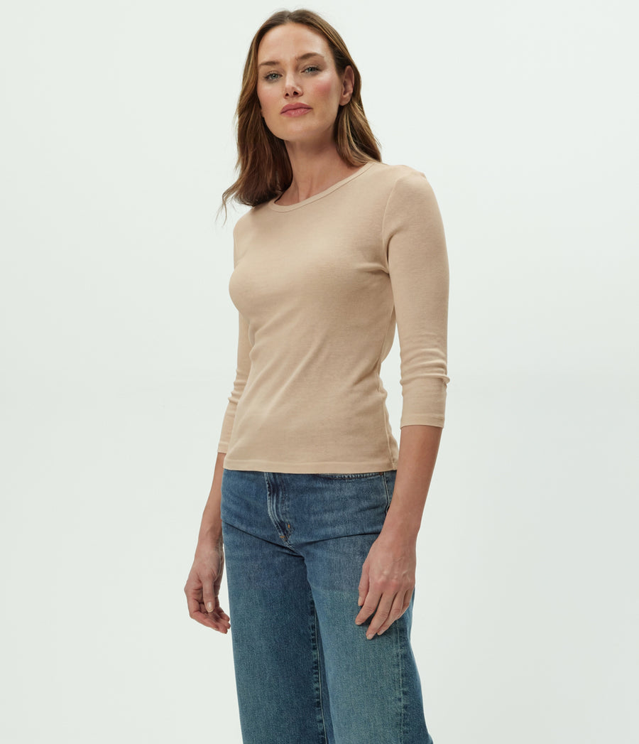 Dakota 3/4 Sleeve Tee in  MACADAMIA Beige Side View #MACADAMIA