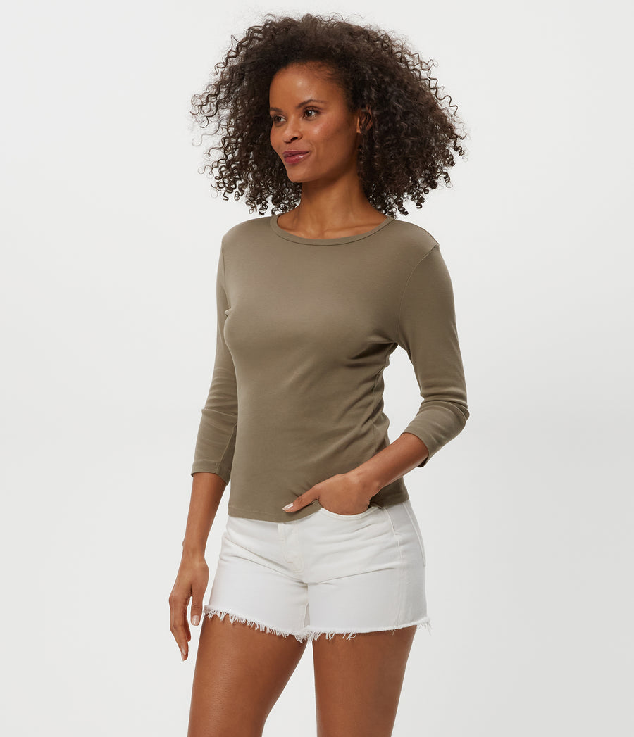 Dakota 3/4 Sleeve Tee  in Olive Green Side View #OLIVE