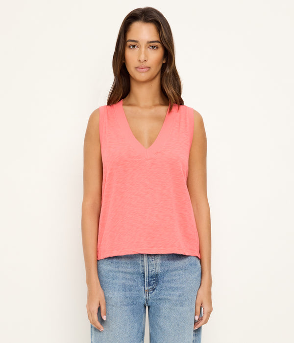 Ira Supima V-Neck Tank in CORAL SHERBET PINK Full Body View #CORAL SHERBET