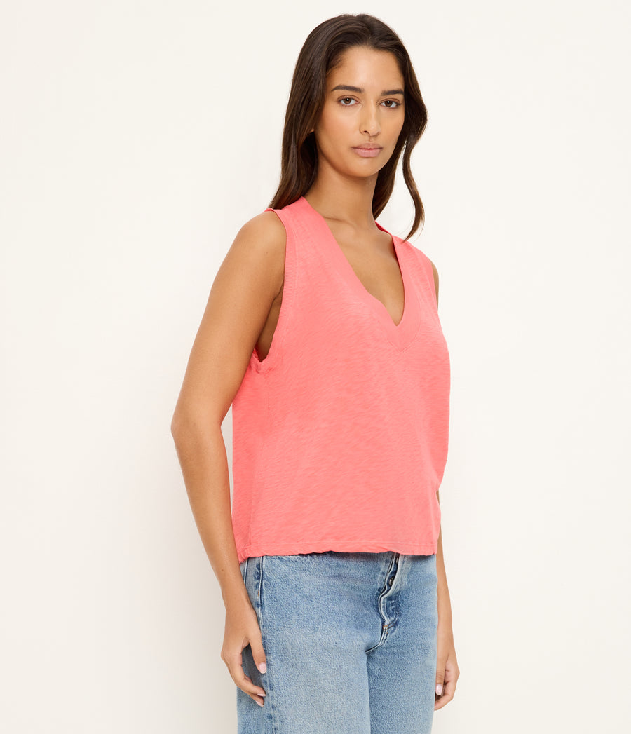 Ira Supima V-Neck Tank in CORAL SHERBET PINK Side View #CORAL SHERBET