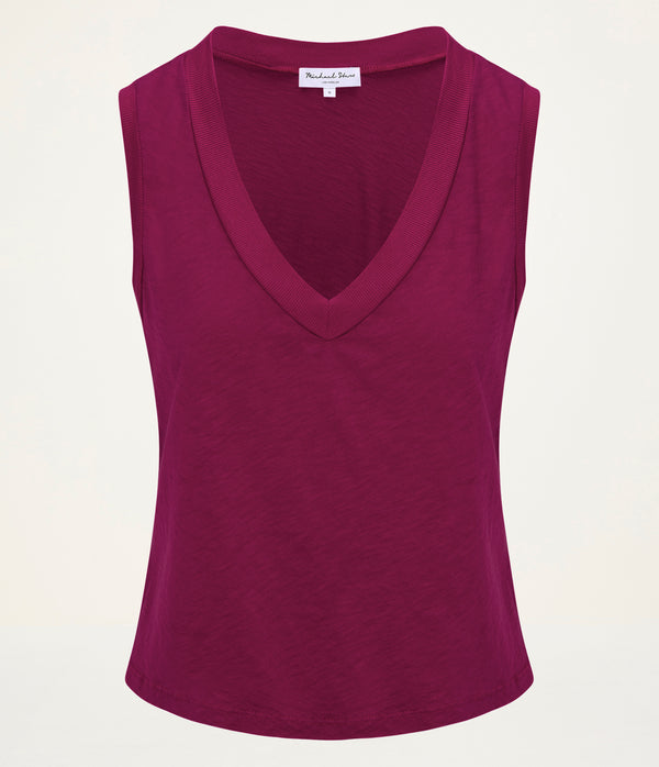 Ira Supima V-Neck Tank in FRENCH ROSE RED Close Up View  #FRENCH ROSE