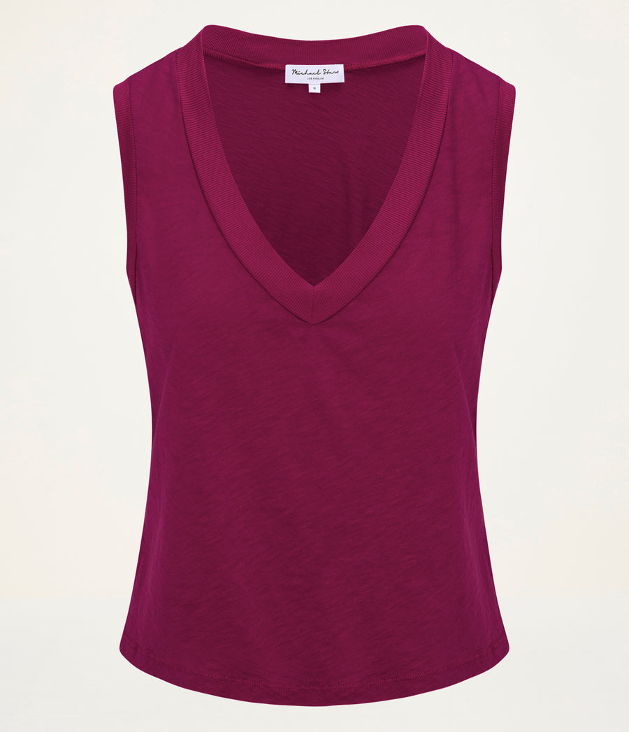 Ira Supima V-Neck Tank in FRENCH ROSE RED Close Up View  #FRENCH ROSE
