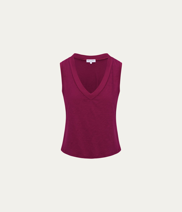 Ira Supima V-Neck Tank in FRENCH ROSE RED Close Up View  #FRENCH ROSE