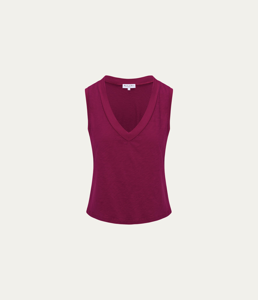 Ira Supima V-Neck Tank in FRENCH ROSE RED Close Up View  #FRENCH ROSE