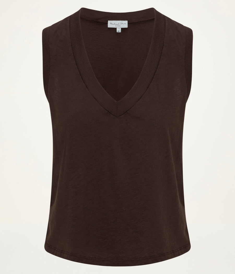Ira Supima V-Neck Tank in Java Brown Close Up View #JAVA