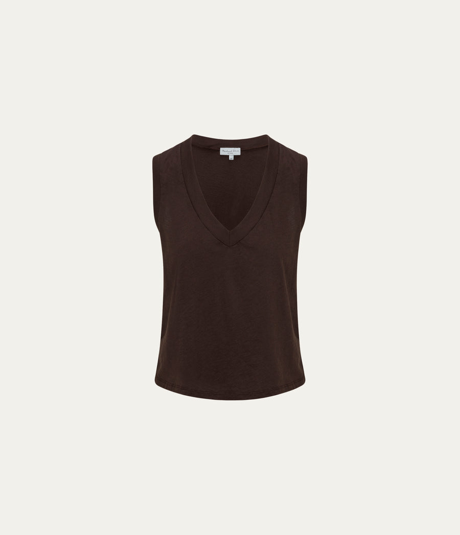 Ira Supima V-Neck Tank in Java Brown Close Up View #JAVA