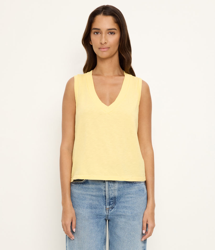 Ira Supima V-Neck Tank in MACAW Yellow Full Body View #MACAW