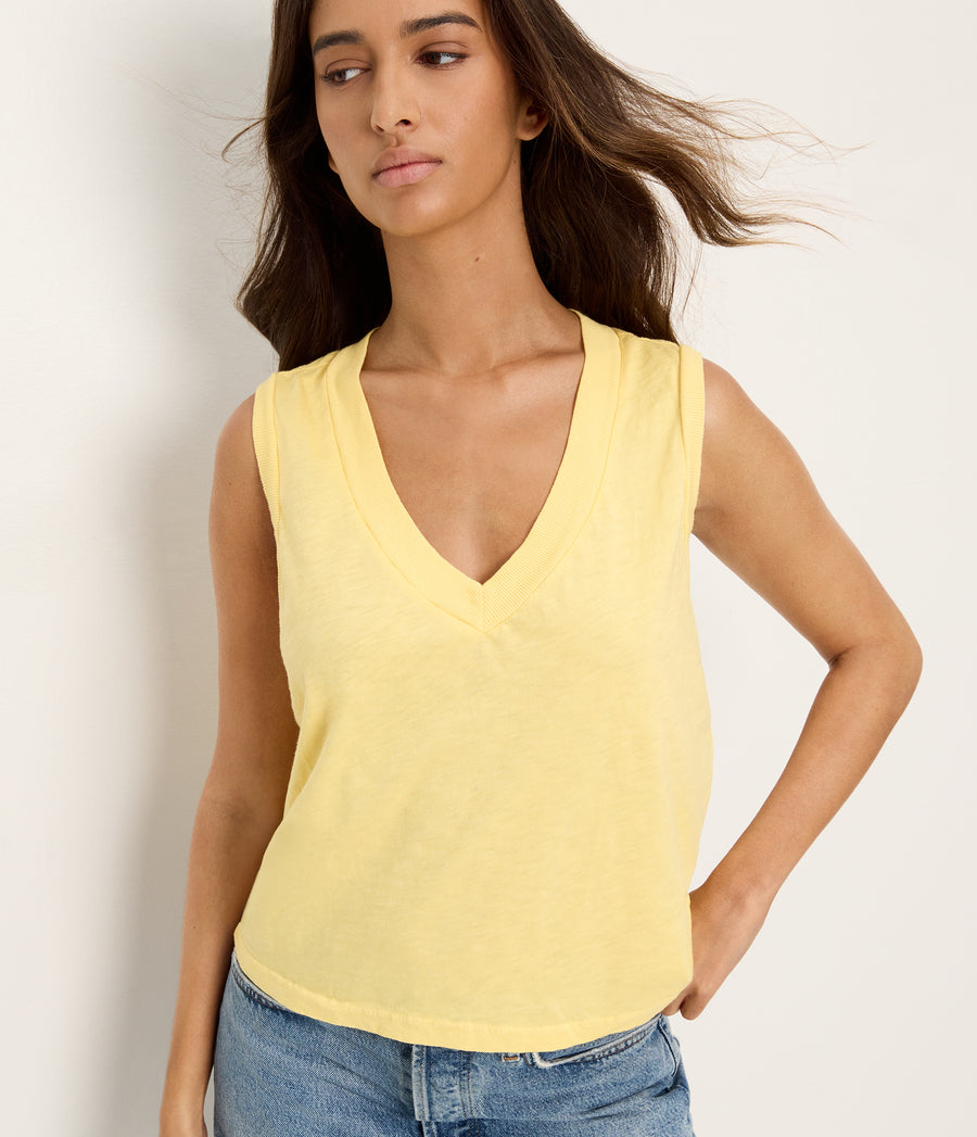 Ira Supima V-Neck Tank in MACAW Yellow Close Up View #MACAW