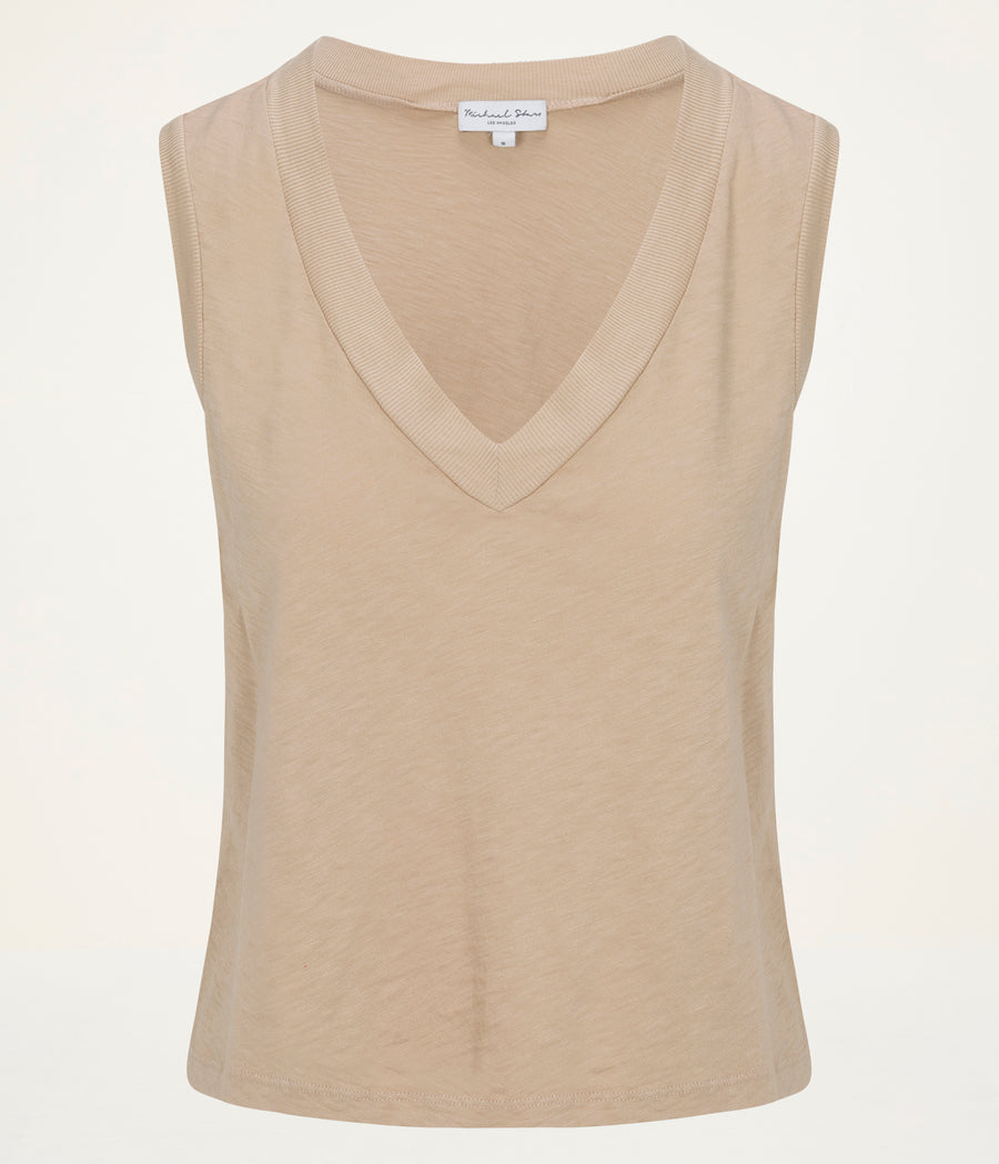 Ira Supima V-Neck Tank  in  MACADAMIA Beige Close up View #MACADAMIA