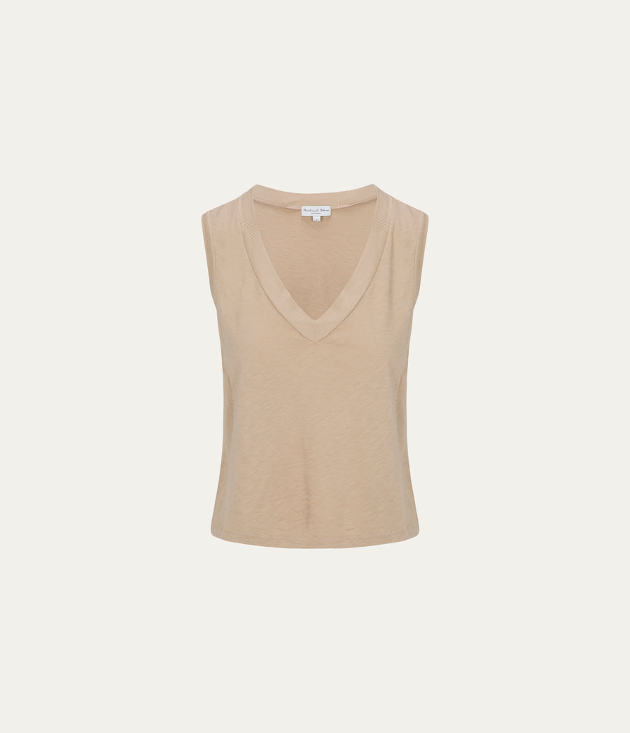 Ira Supima V-Neck Tank  in  MACADAMIA Beige Close up View #MACADAMIA