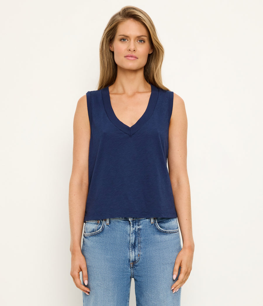 Ira Supima V-Neck Tank in Nocturnal Blue Full Body View #NOCTURNAL