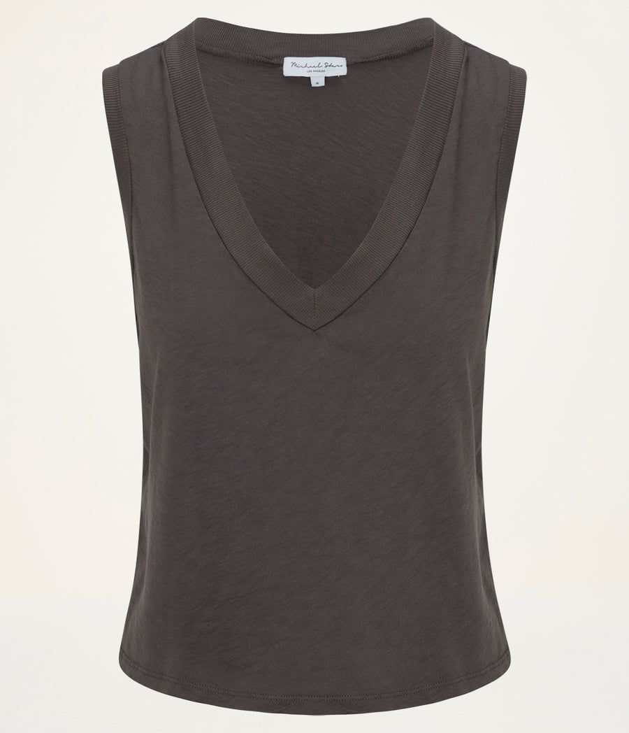 Ira Supima V-Neck Tank in Oxide Grey  Close up View #OXIDE