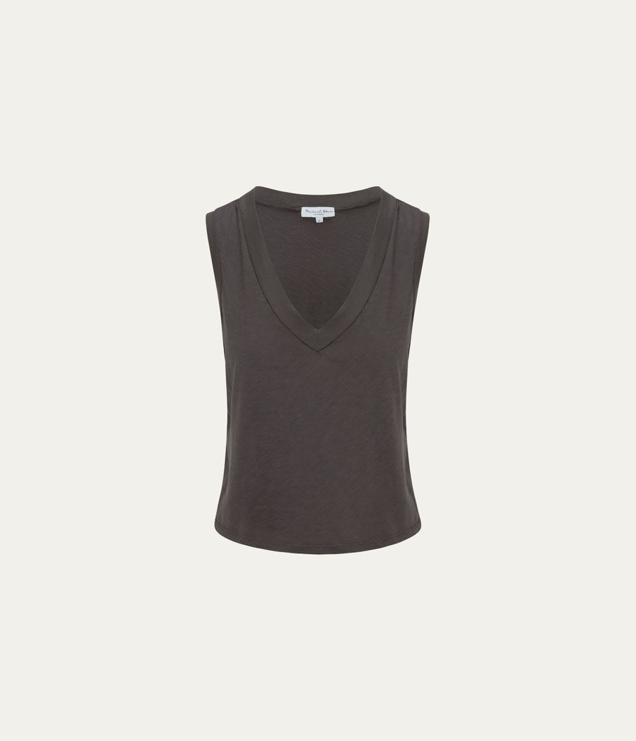Ira Supima V-Neck Tank in Oxide Grey  Close up View #OXIDE