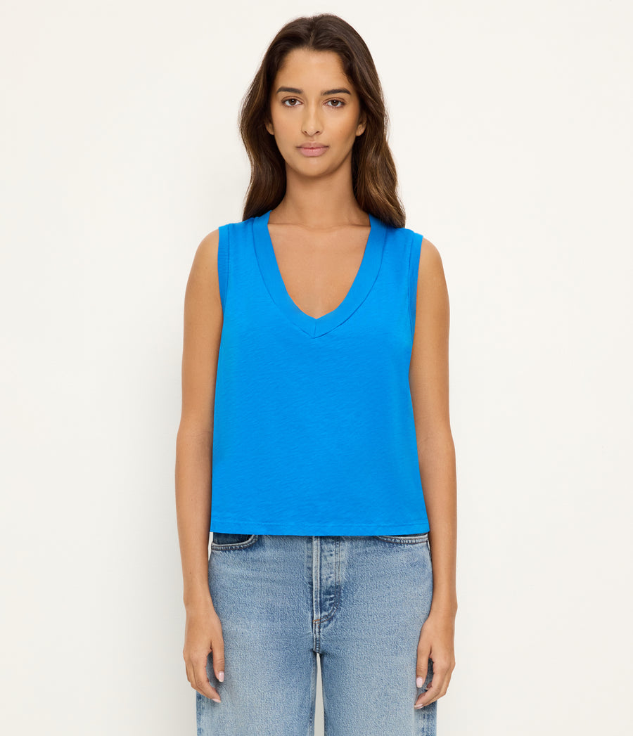 Ira Supima V-Neck Tank in PACIFIC BLUE Full Body View #PACIFIC