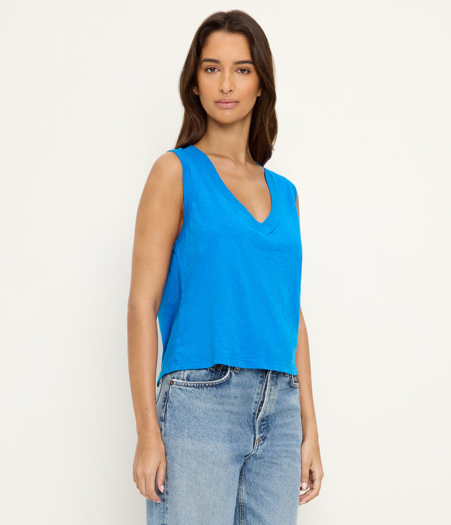 Ira Supima V-Neck Tank in PACIFIC BLUE Side View #PACIFIC