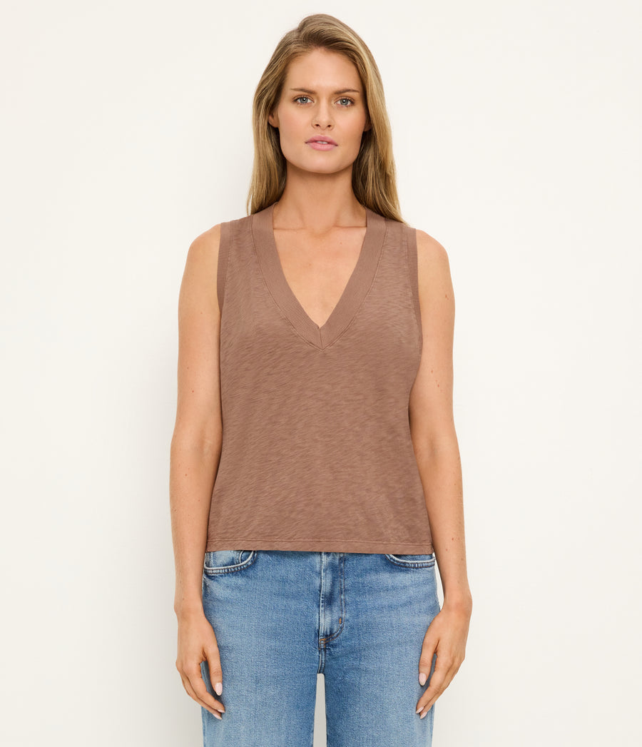 Ira Supima V-Neck Tank in QUICKSAND Brown Full Body View #QUICKSAND