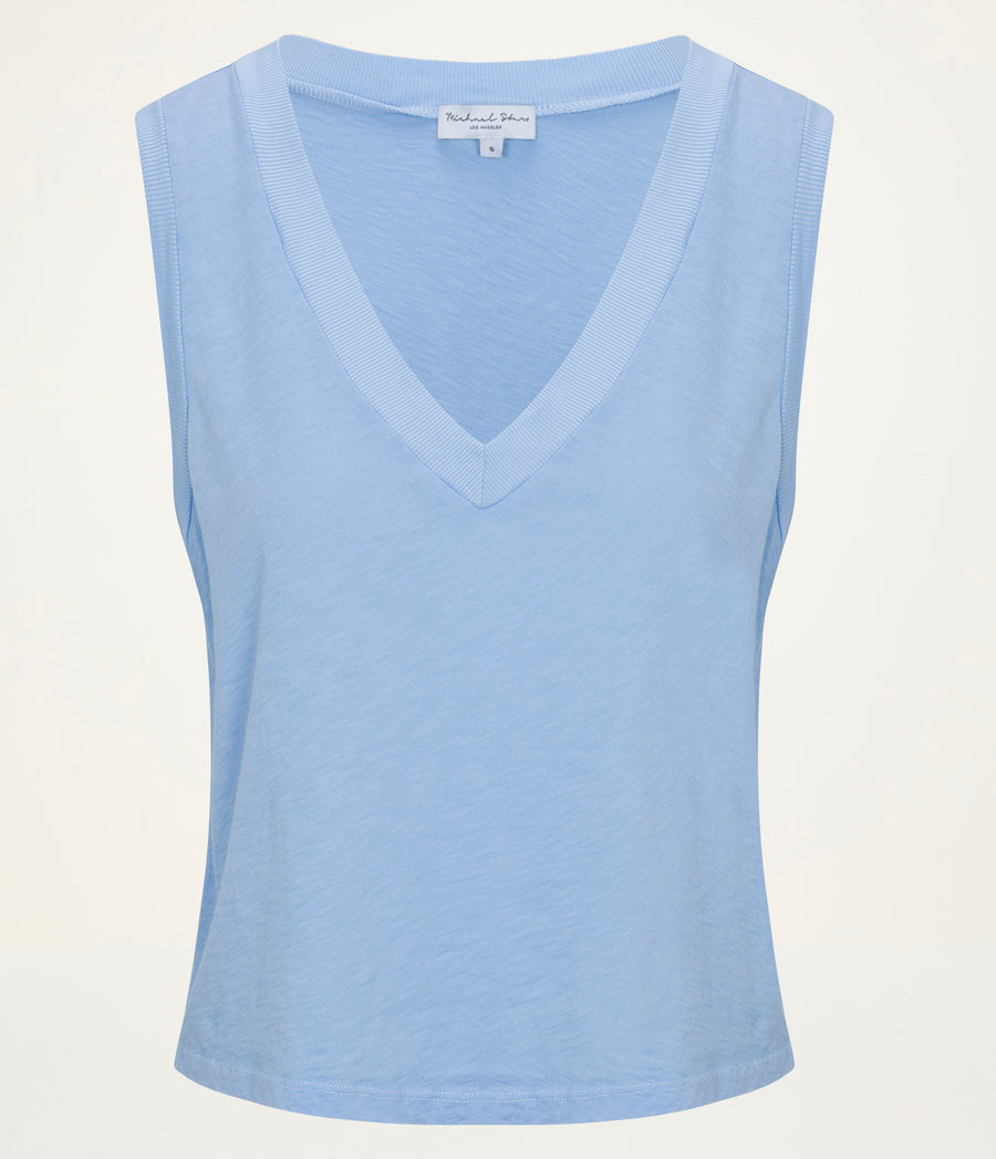 Ira Supima V-Neck Tank  in SKY Blue Close up View #SKY